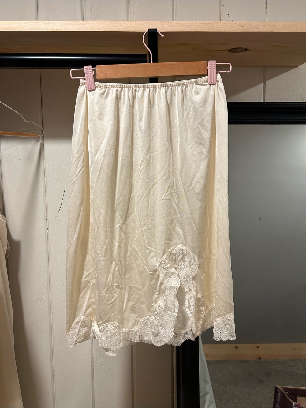 Vintage Satin Slip Skirt with Cream Lace-Trim